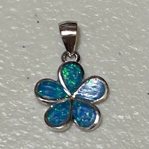 Blue and green Opal Plumeria Pendant 925 Sterling with 20 inch chain